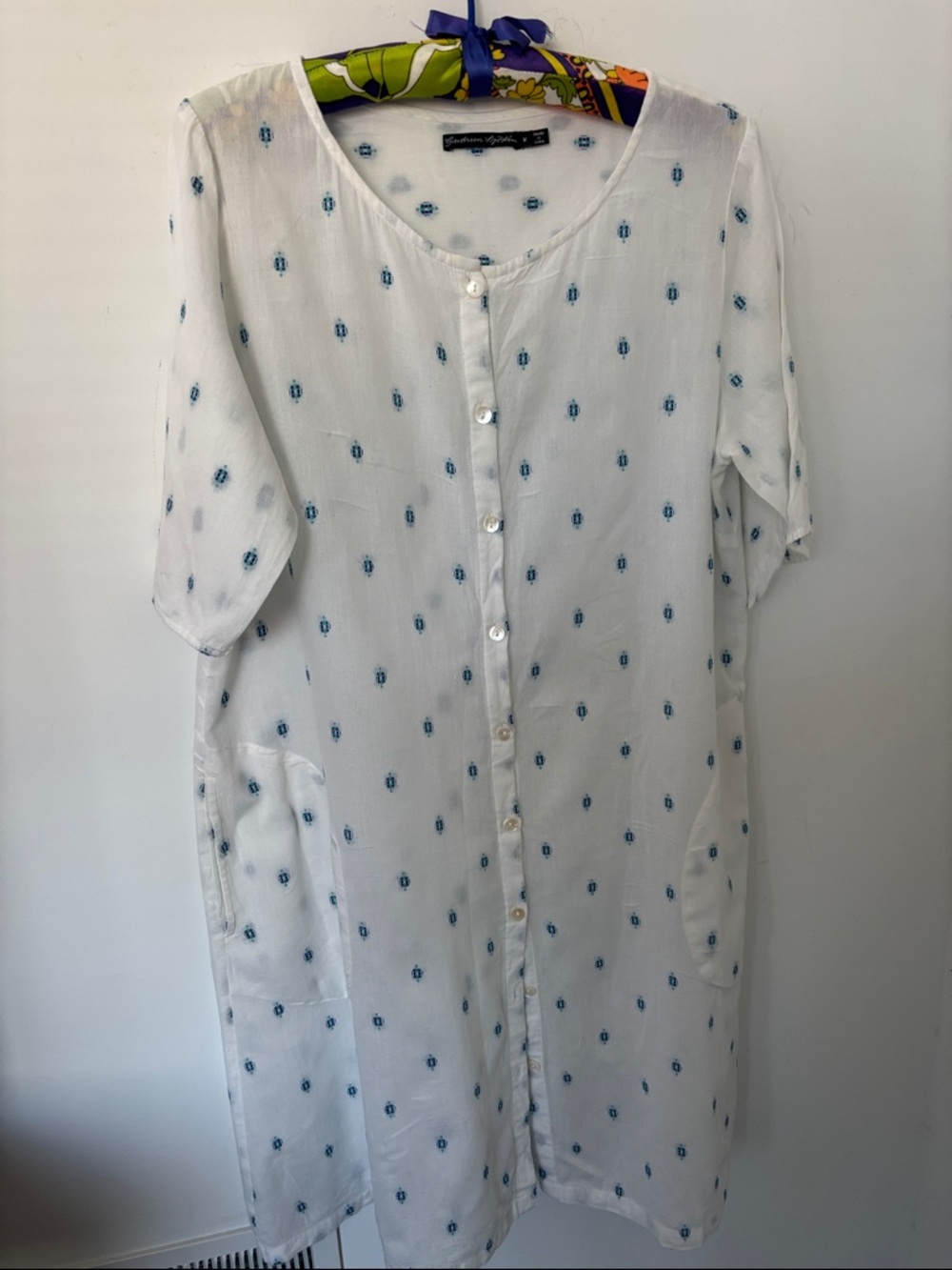 Gudrun Sjoden Button-Front Dress, white w/ blue print, pockets, cotton, size M
